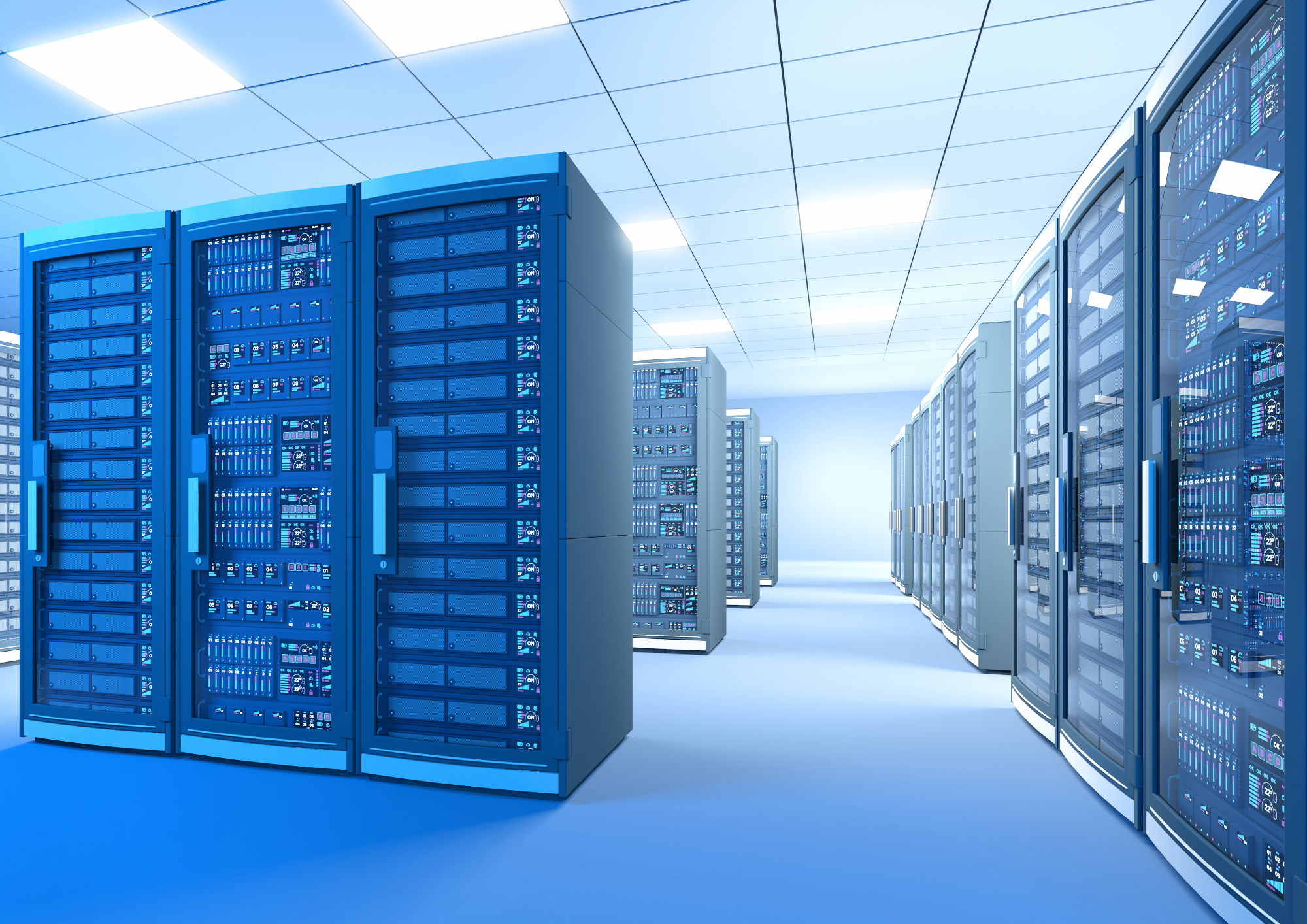 Centre de données moderne avec serveurs en racks Centre de données moderne avec rangées de serveurs en racks bleus dans un couloir blanc éclairé par des néons, montrant l'infrastructure informatique d'un data center professionnel